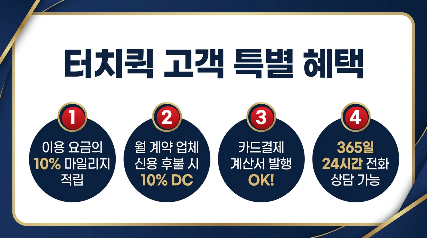 터치퀵 고객 특별 혜택 (10% 마일리지 적립 / 월계약 10% DC / 카드결제 계산서 발행 / 24시간 전화상담)